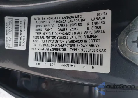 2013 Honda Civic Ex из США, поврежденный, VIN 2HGFB2F8XDH527298